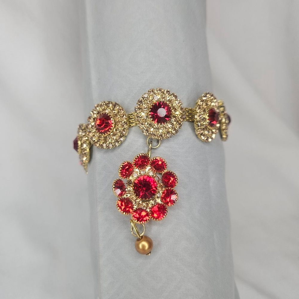 Vintage Ruby Red Crystal Gold Flower Link Bracelet Drop Charm Regal Restored EUC